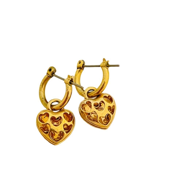 Vtg gold pink rhinestone dangle heart pierced earrings - Picture 2 of 2